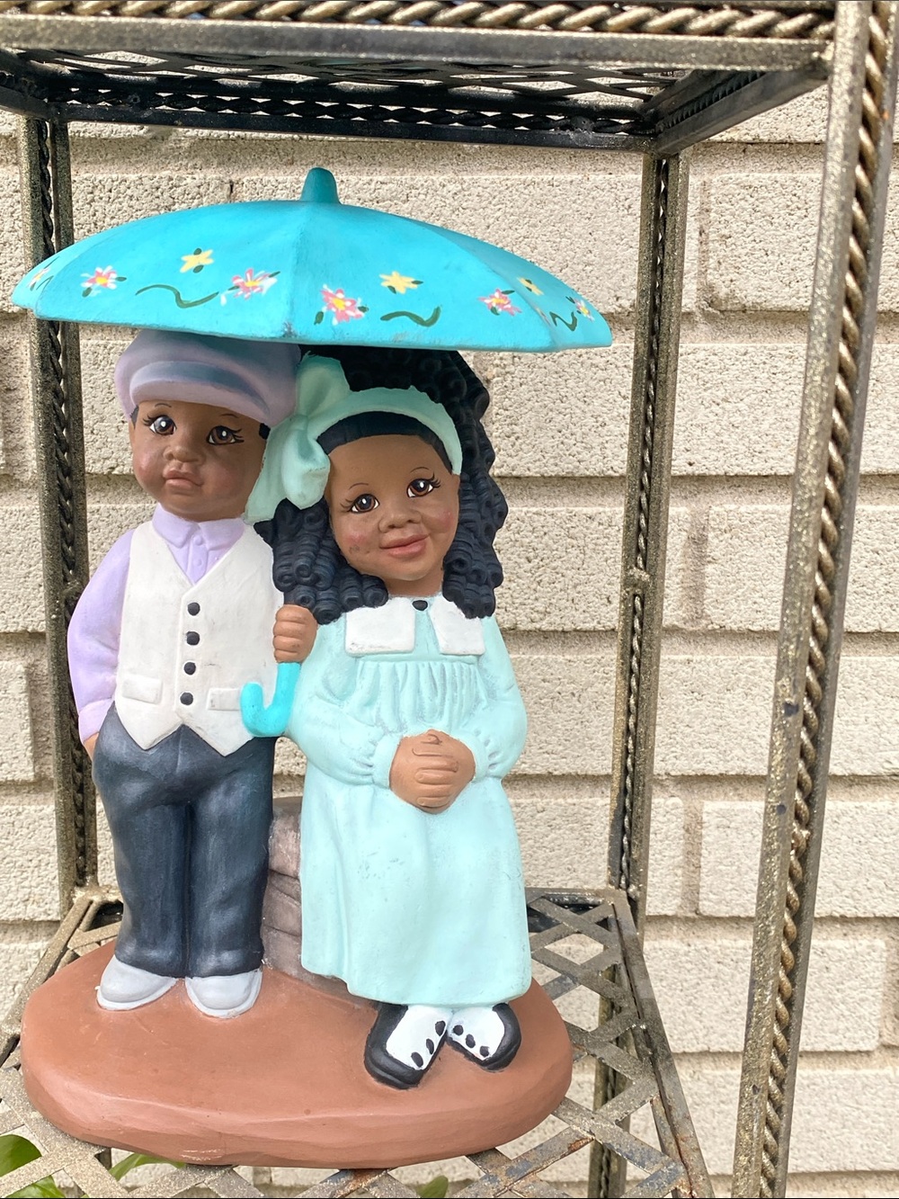 Ceramic Boy and Girl Figurine with Turquoise Umbrella